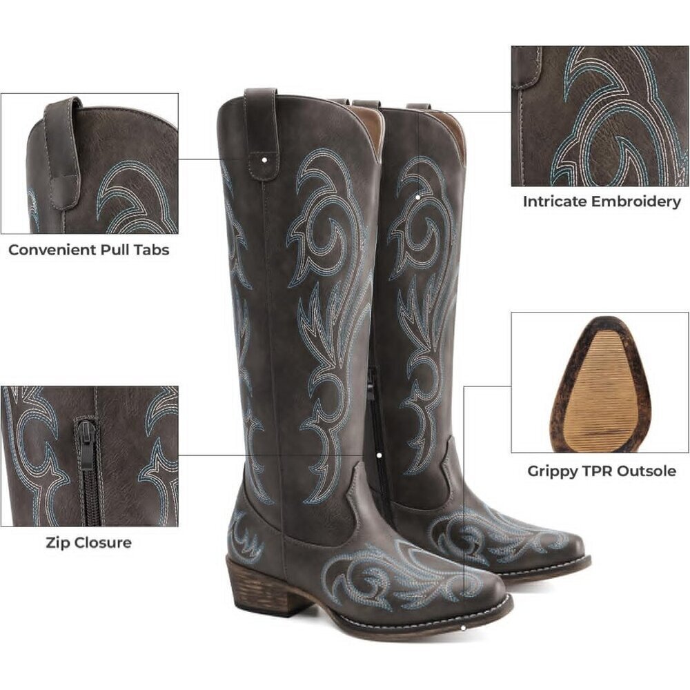 Women's Dark Brown Embroidered Cowboy Boots Comfortable Cowgirl Knee High Boots - Picture 2 of 8